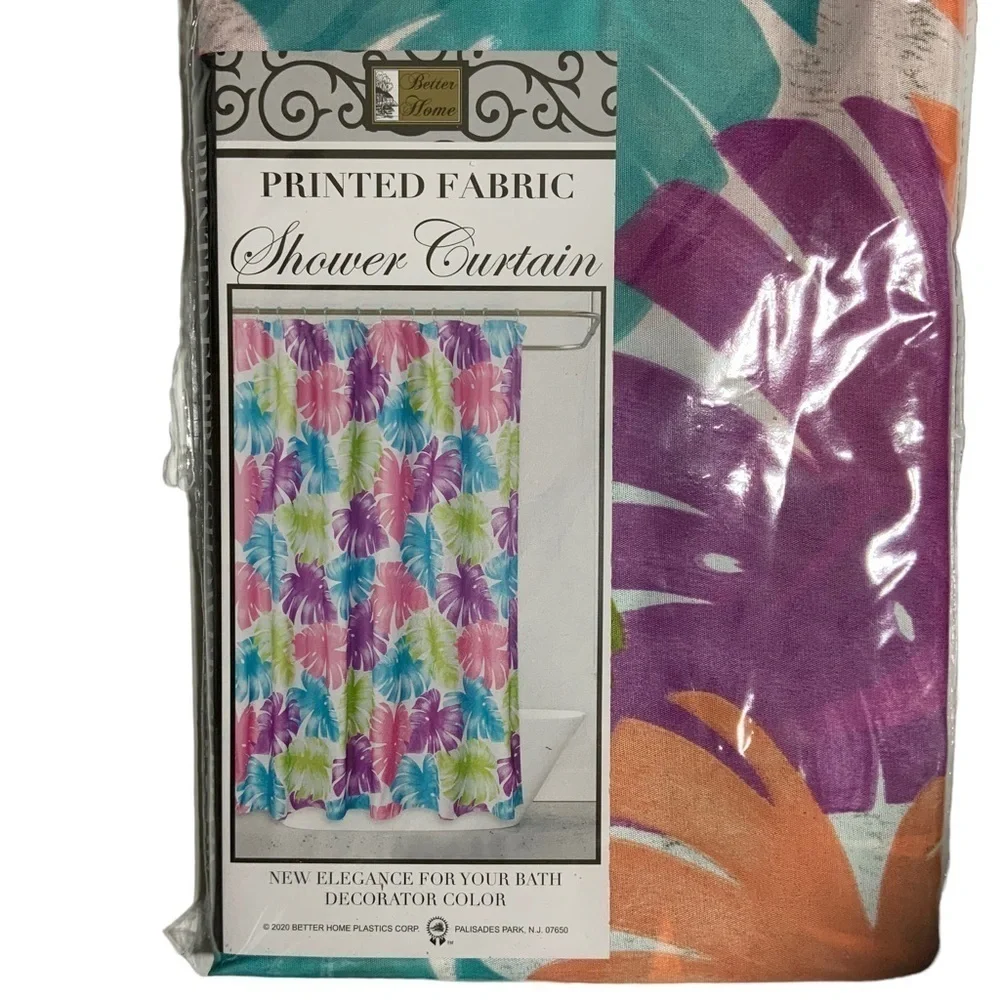 Shower Curtain Tropical Colorful Leaf Print Fabric Teal Pink Green 70 X 72 in